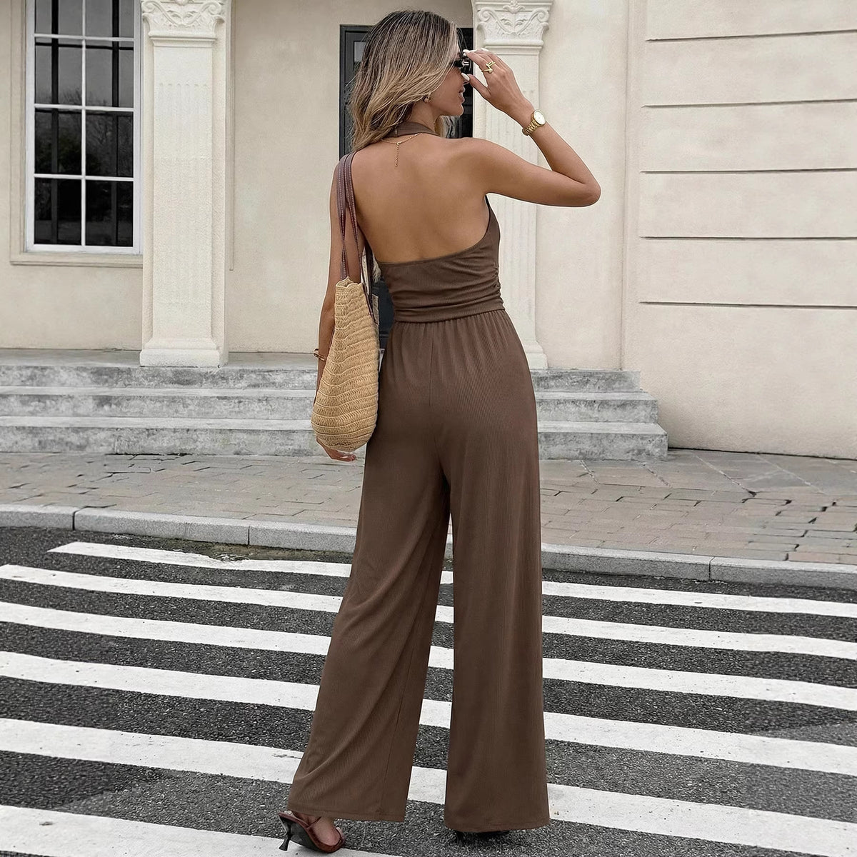 Elegant Halterneck Open-Back Textured Jumpsuit