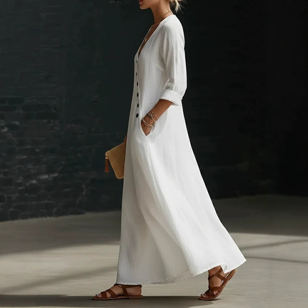 Womens Fashionable Casual Long-sleeve Button-down Dress