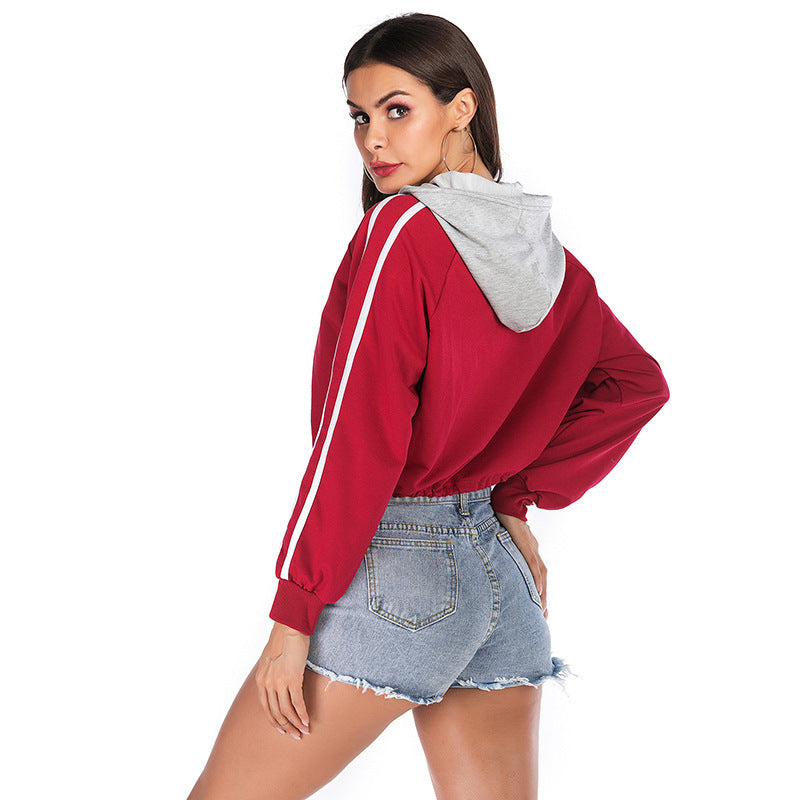Striped Drawstring Cropped Hoodie for Women