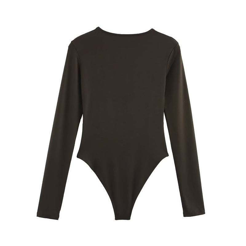 Women's Long-Sleeve Pleated Bodysuit Sleek Commuter Romper