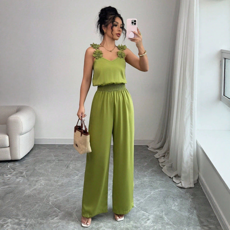 Chic High-Waist Wide-Leg Suspender Jumpsuit