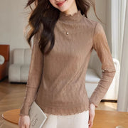 Textured Lace Base Layer Top Fashionable Fringed Mock Turtleneck Trendy Long-sleeve T-shirt For Layering
