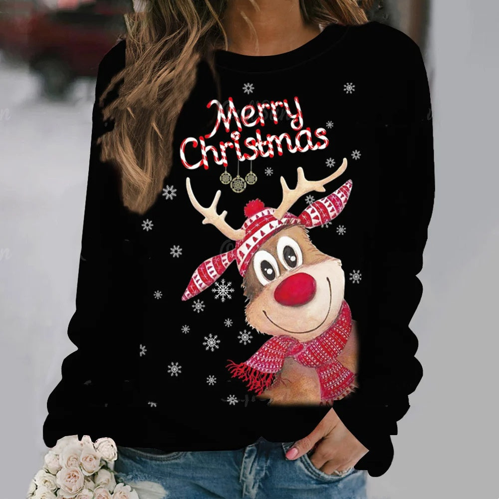 Women's 3D Cartoon Elk Print Loose Long Sleeve Sweatshirt