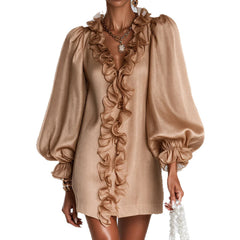 Ruffle Puff-Sleeve Loose Mini Dress