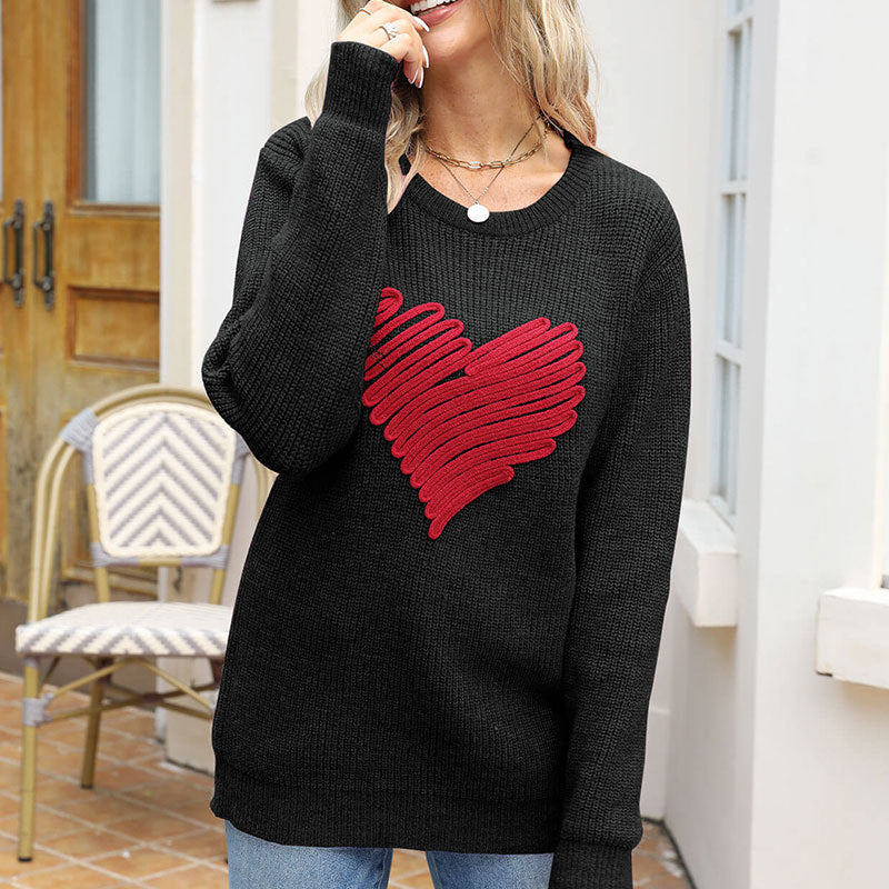 Loose Love Embroidered Crew Neck Pullover Long Sleeve Knitted Sweater for Women