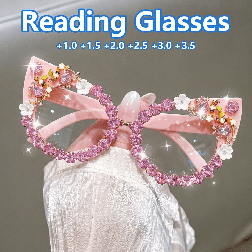 Cat-Eye Glasses with Large Floral and Gemstone Details – Fashionable Unisex Style for Sparkling Parties