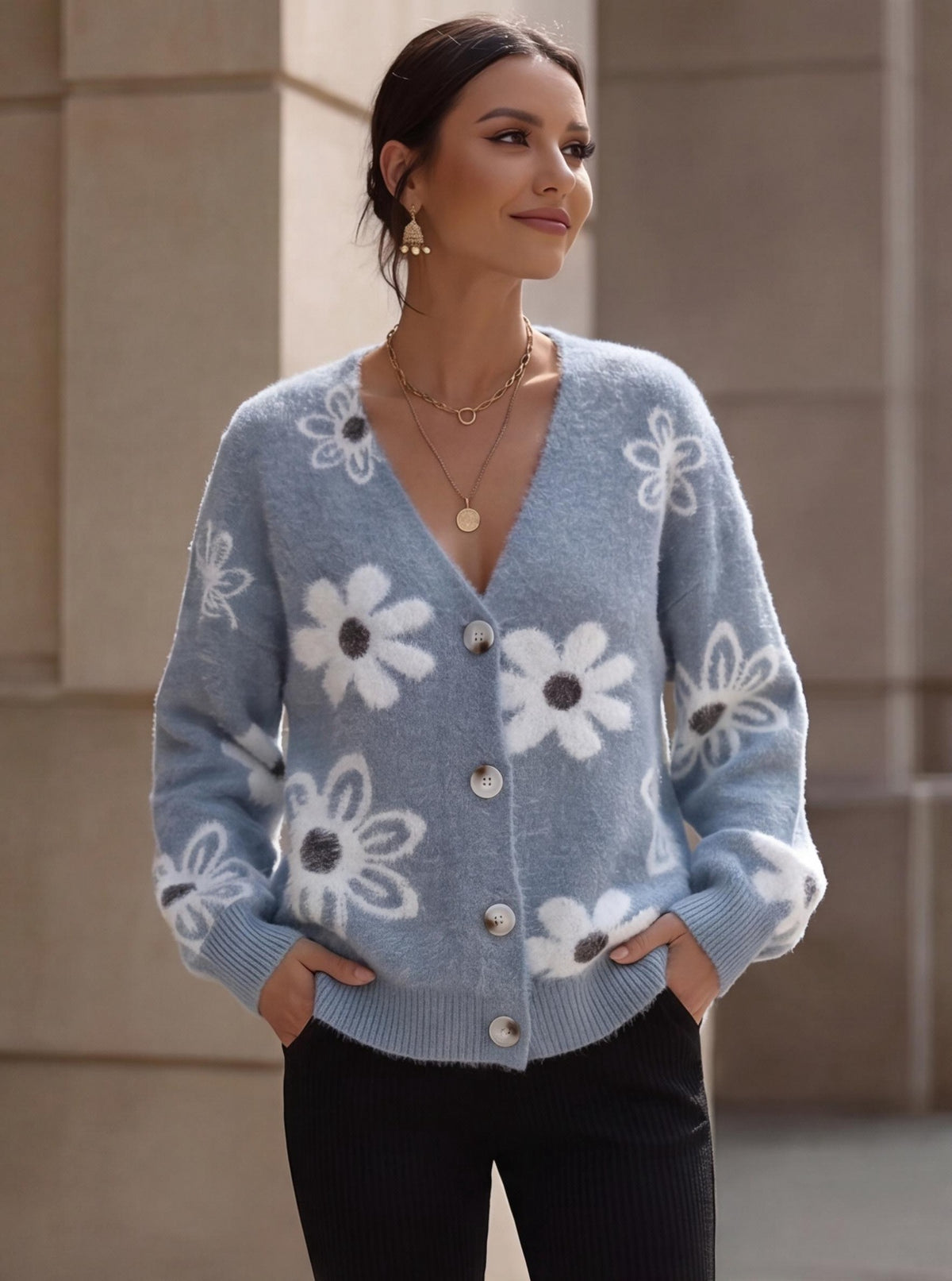 Floral-pattern Knit Cardigan V-neck Sweater Jacket