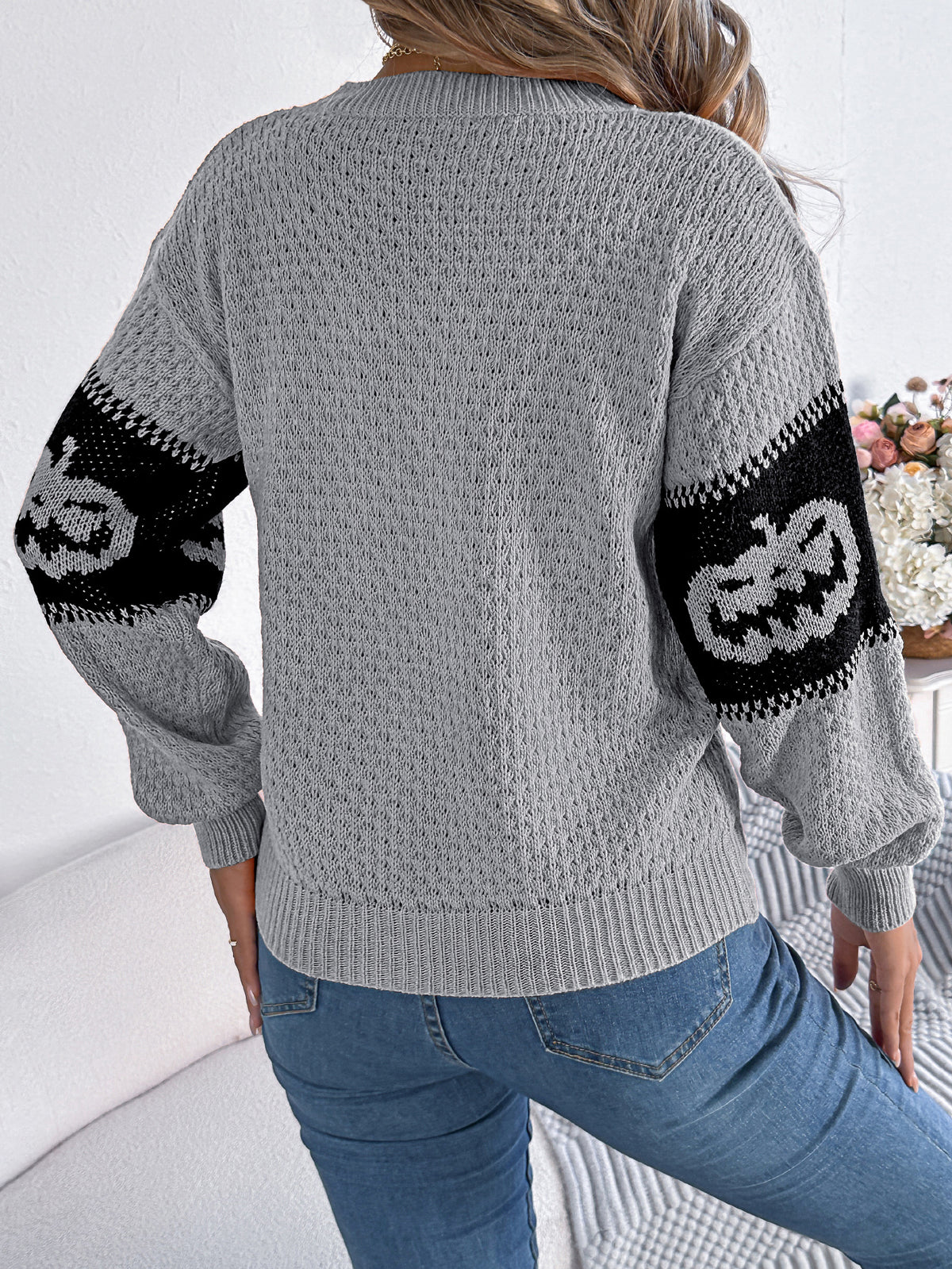 Women Pumpkin Head Color Block Long Sleeve Pullover Sweater
