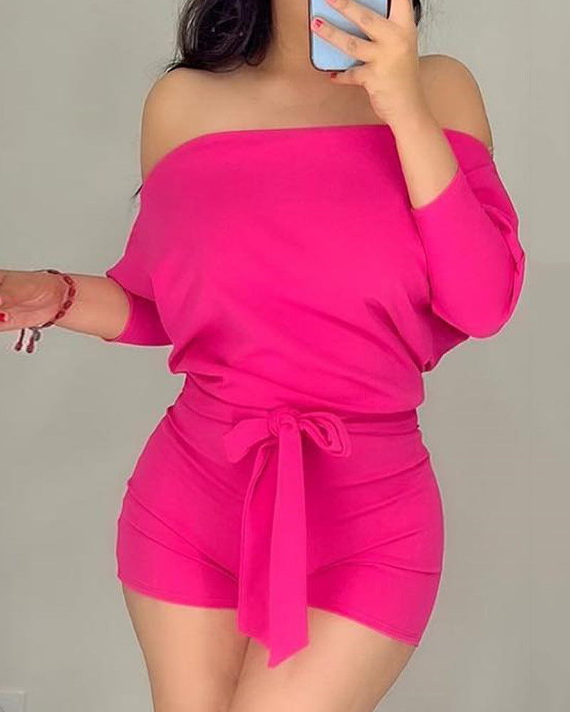Rose-red Solid-color Casual One-piece Shorts