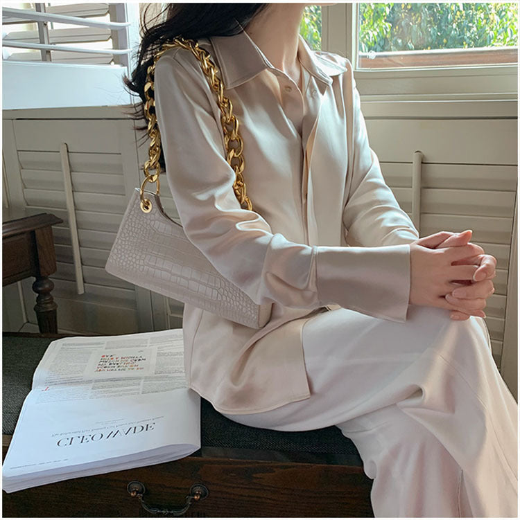 Women's Satin New Design Sense V-neck Silk Acetate White Shirt