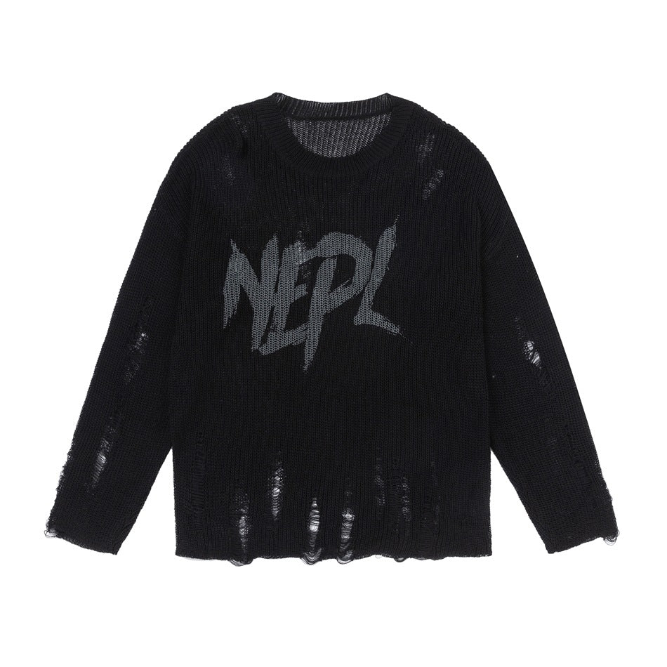 Retro Distressed Knit Top Casual Loose Long-Sleeve T-Shirt