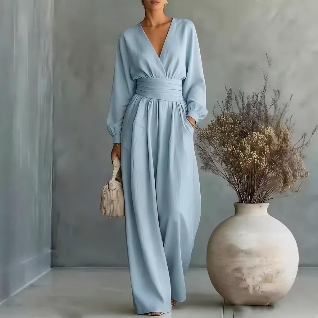Fitted-waist V-neck Long-sleeve Womens Solid-color Jumpsuit