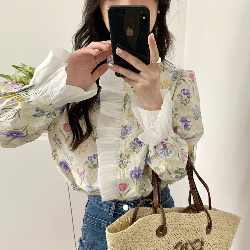 French Romantic Turtleneck Patchwork Ruffled Color Printing Design Flare Sleeve Shirt