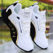 Stylish White Low-Top Sneakers with Golden Accents, Breathable Fabric Lining, Durable PVC Outsole - Perfect for Casual and Athletic Wear