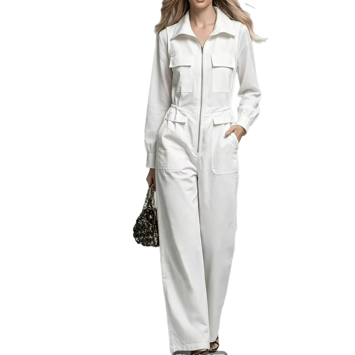 Womens White Long-sleeve Jumpsuit With A Lapel And Zipper