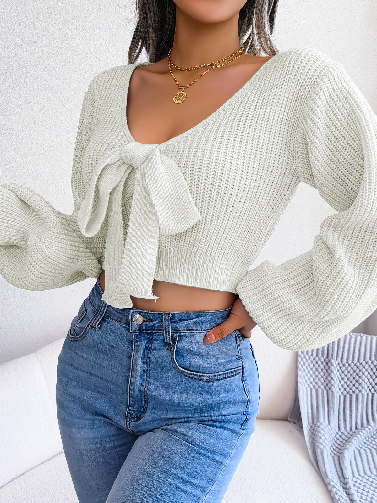 Women Fashion Bow V-neck Lantern Sleeve Cropped Sweater