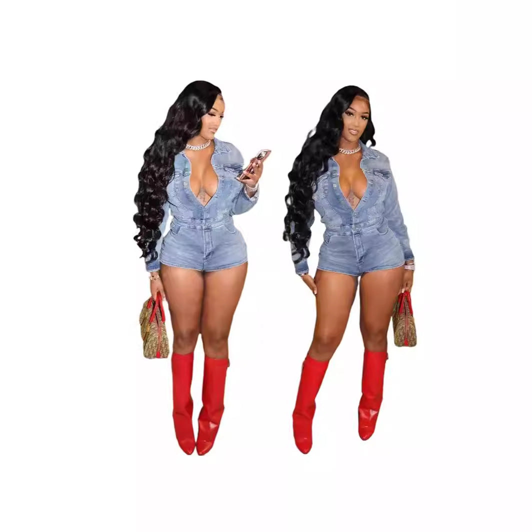 Sexy Long-Sleeve Slim-Fit Stretch Denim Jumpsuit Shorts