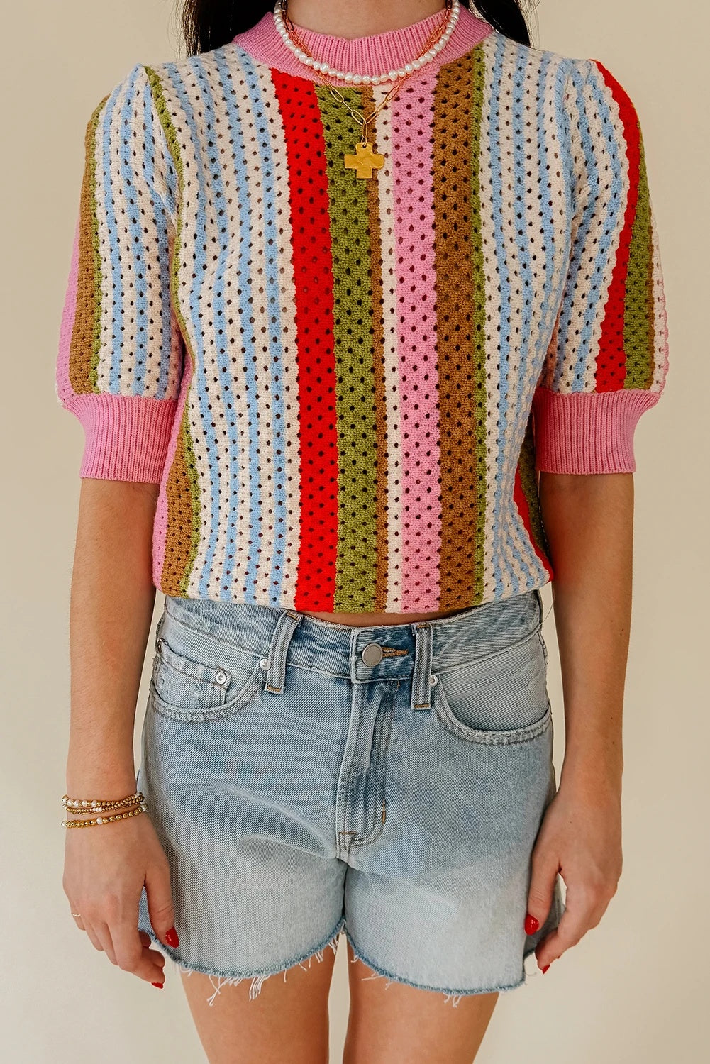 Multicolor Striped Hollow-out Knit Short Sleeve Sweater