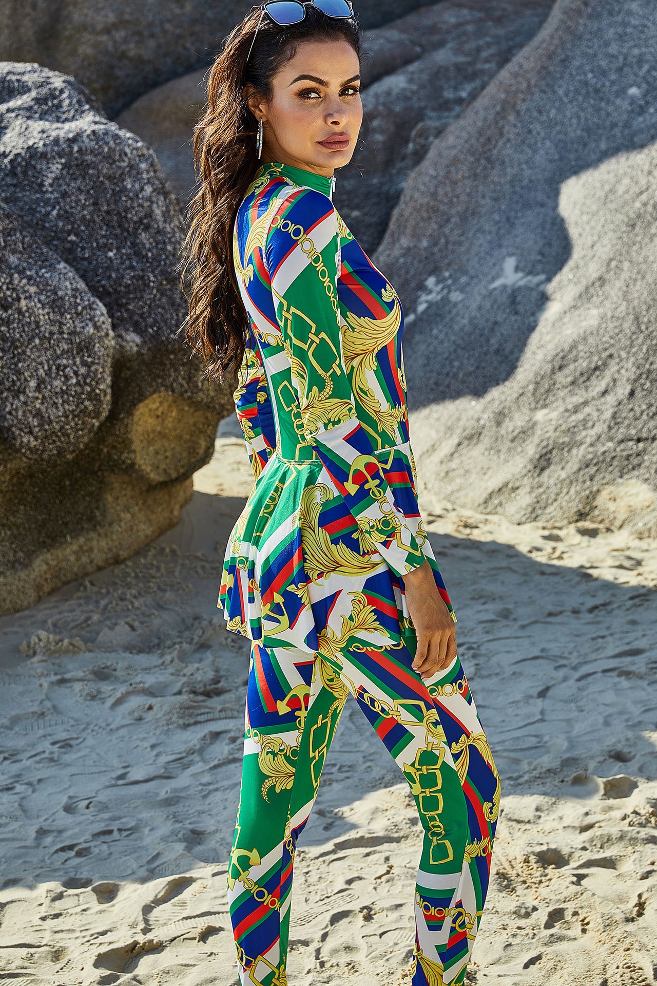Women's Printed High-Neck Long-Sleeve Sun-Protective Swimsuit