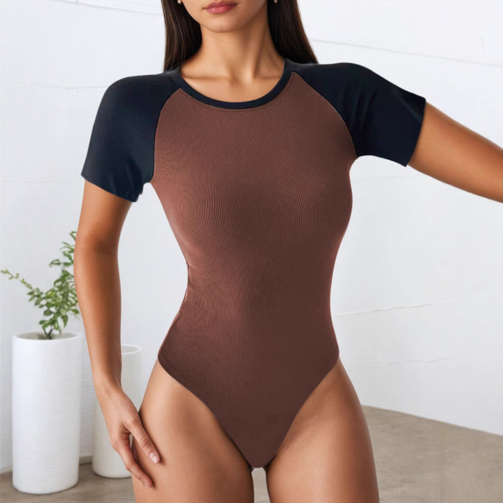 Women's Contrast Color Short-Sleeve Jumpsuit