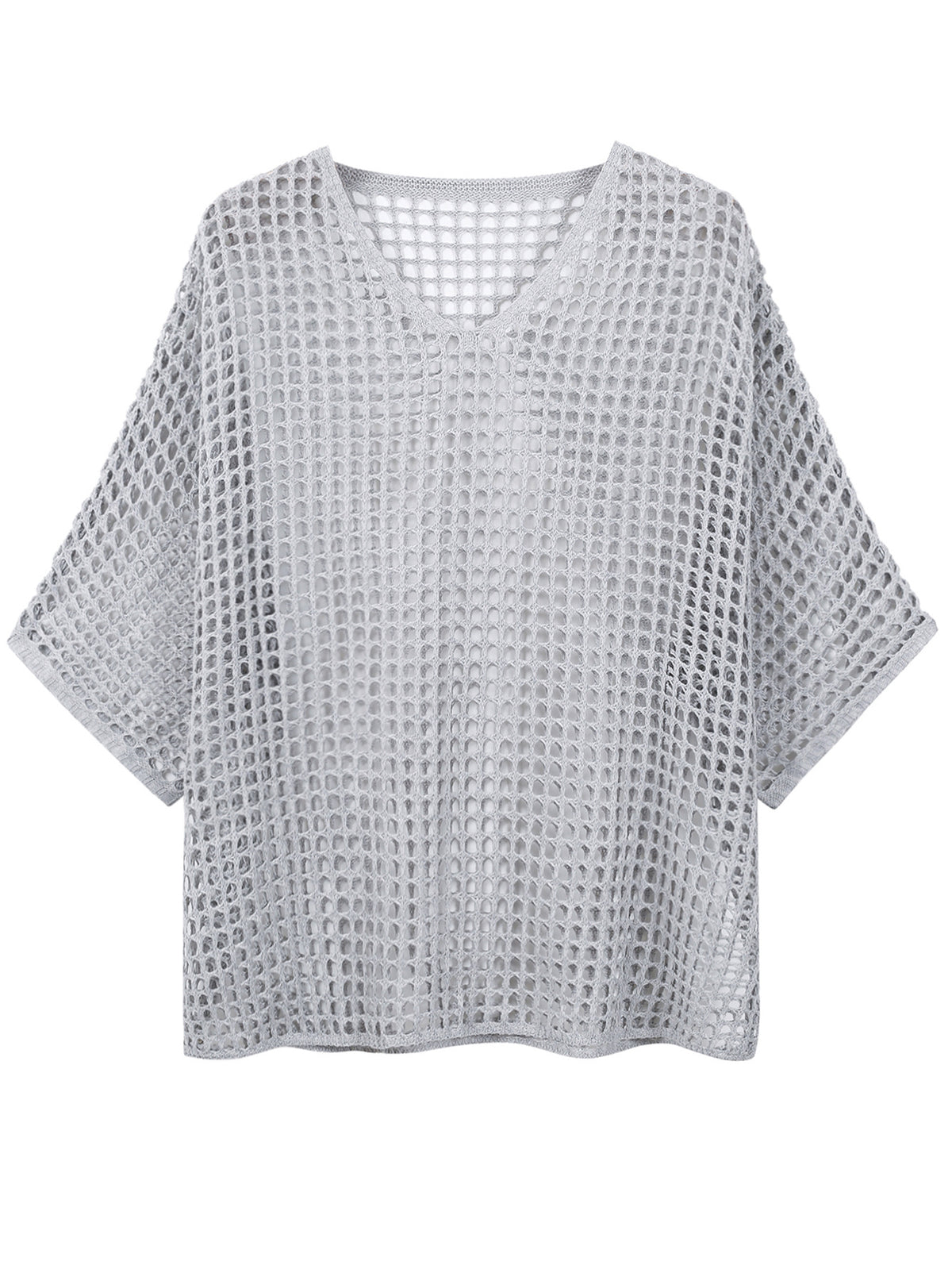 V Neck Hollow Out Knit Tunic Top Batwing Half Sleeve Loose Mesh Cover Up