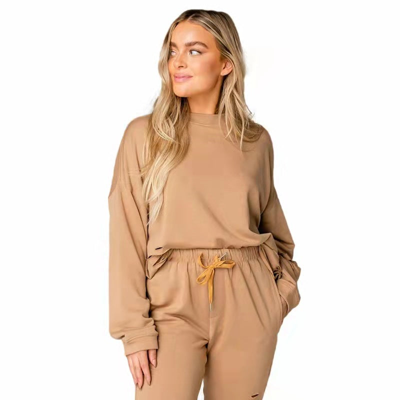 Women's Solid Ripped Pullover & Pants Casual Cotton Lounge Set