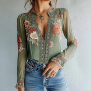 Women's Lace Print Deep V-Neck Casual Plus Size Pullover