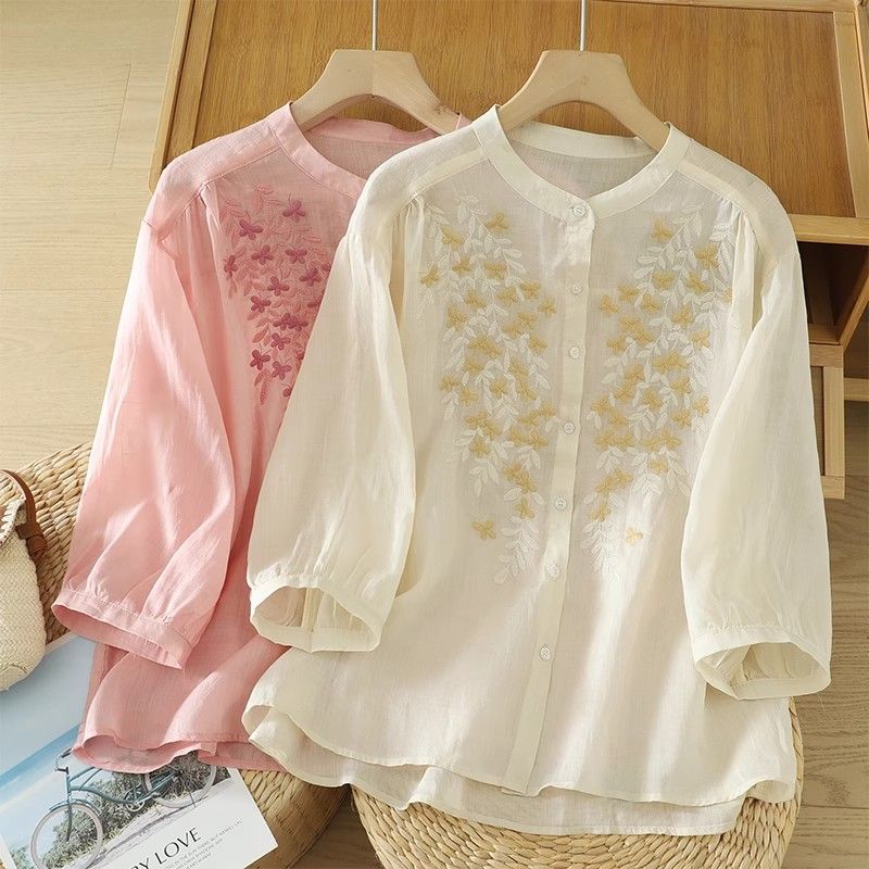 Half-sleeve Youth-boosting Shirt Stand-up Collar Loose Fit Women