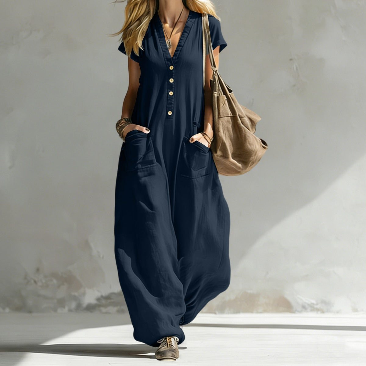 Women's Casual V-Neck Wide-Leg Jumpsuit