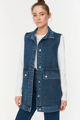 Dark Blue Denim Shirt Jacket with Collar