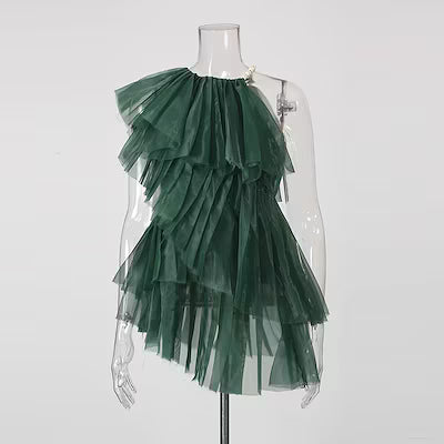 Dark Green One Shoulder Ruffle Tunic Top