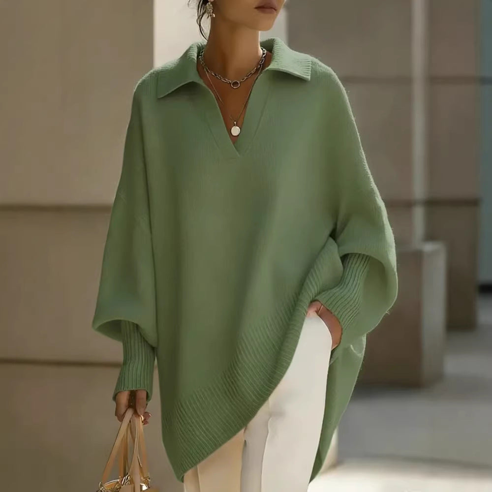 Lapel-collar Loose-fit Solid-color Sweater with Lantern Sleeves