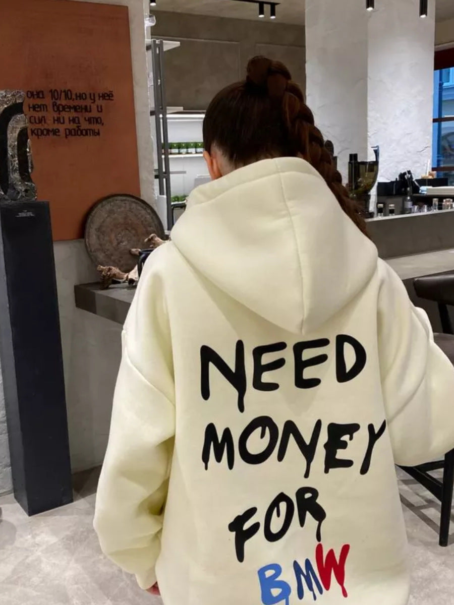 Casual Letter Print Loose Hooded Sweatshirt