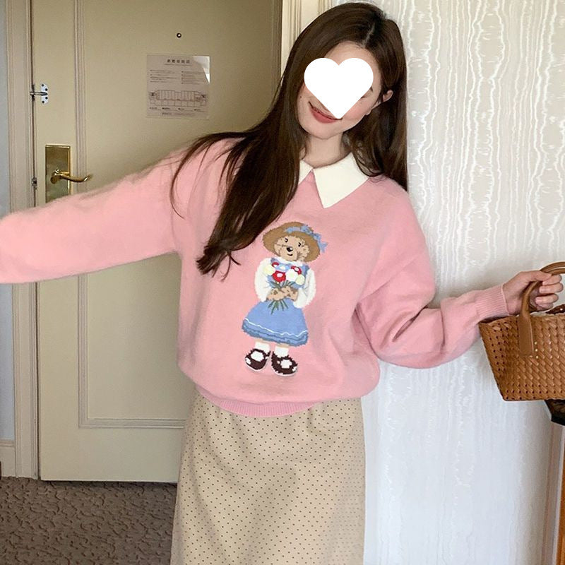 Contrast Color Lapels Bear Brocade Sweater