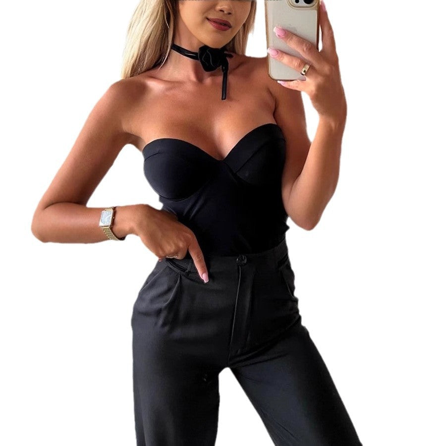 Sleek Solid Color Chest-Wrapped Sexy Bodybuilding Jumpsuit