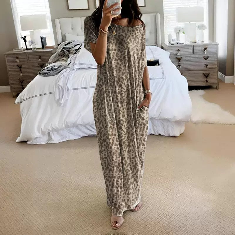 New Womens Solid-color Short-sleeve Long Casual Dress