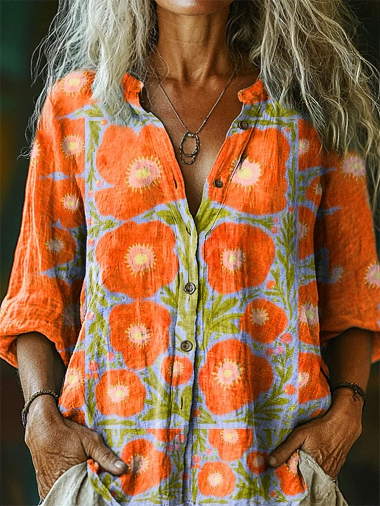Women's Top V-neck Printed Exquisite Linen