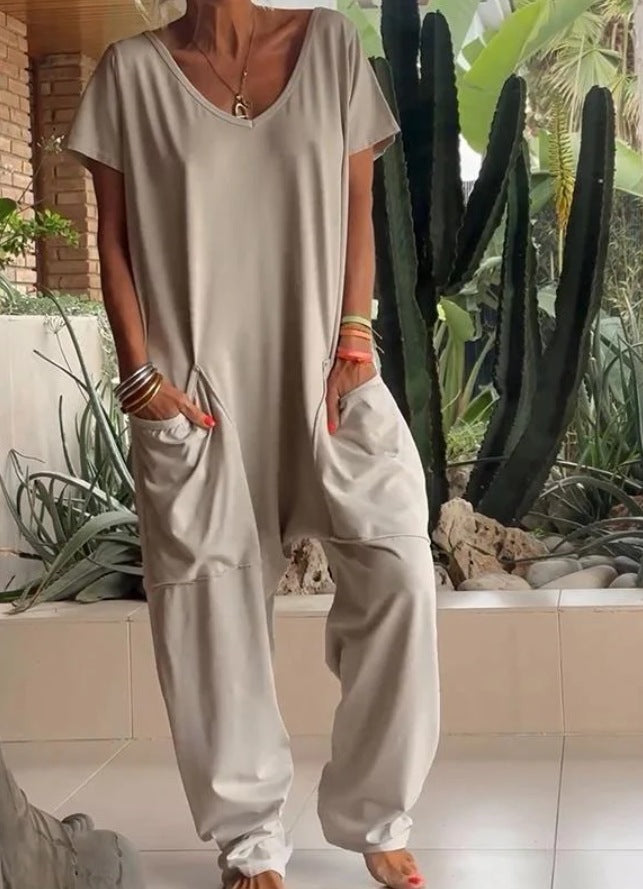 Oversized V-Neck Pocket Jumpsuit Casual Romper