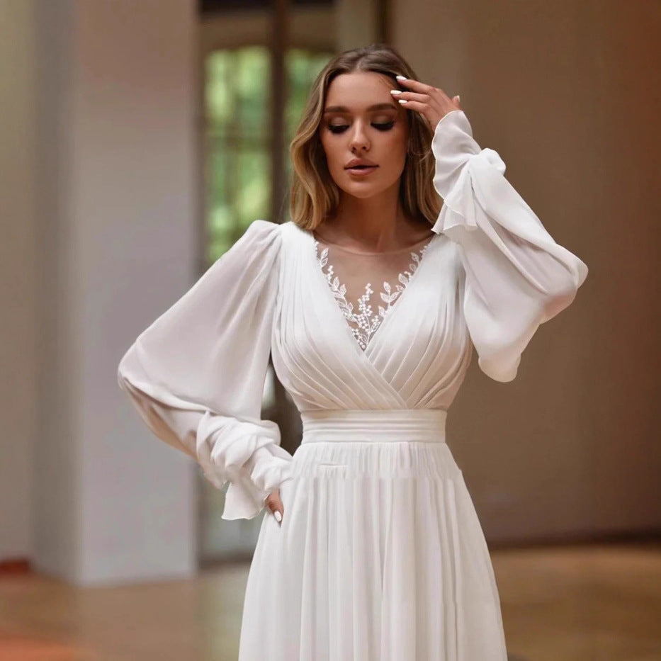 Elegant V-Neck Long-Sleeve Lightweight Wedding Dress