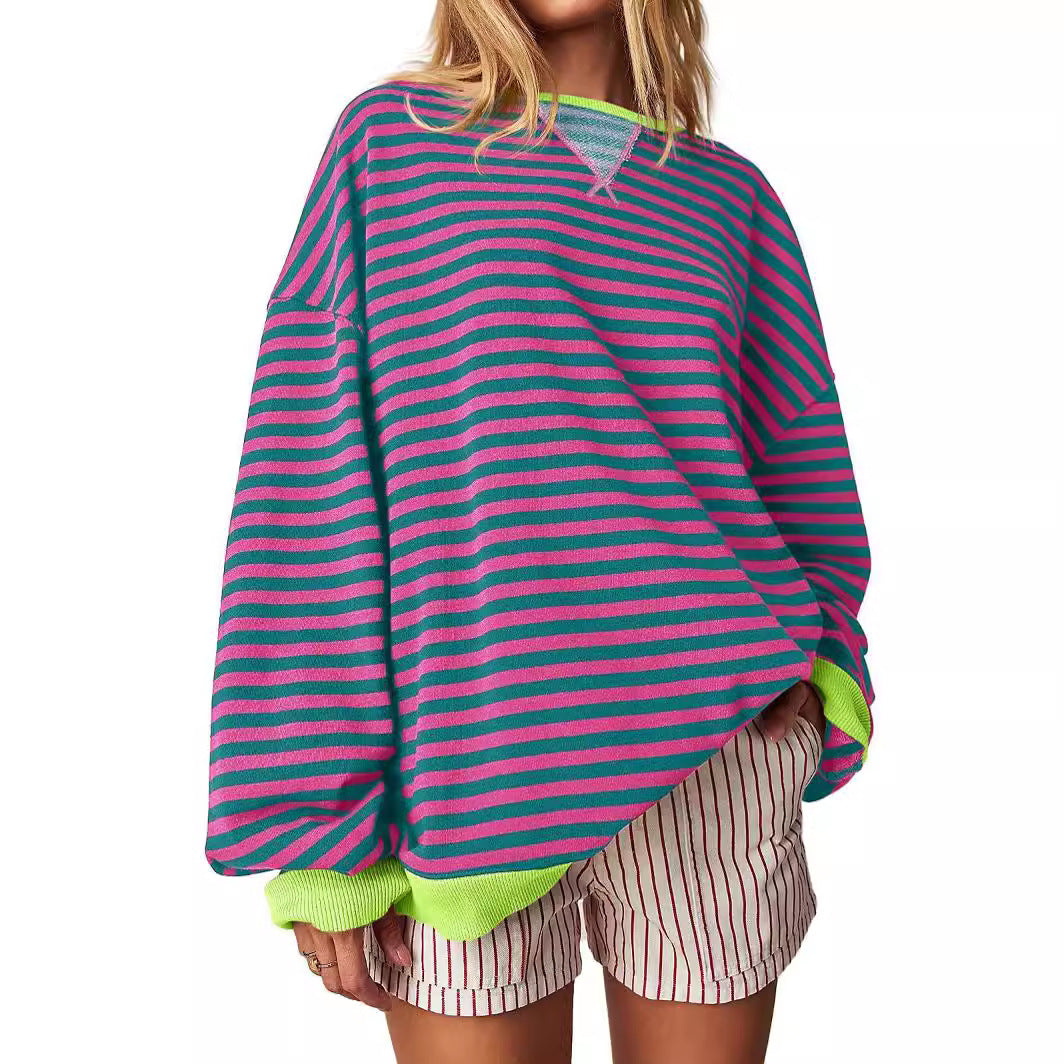Women's Striped Color-Block Embroidered Pullover Sweater