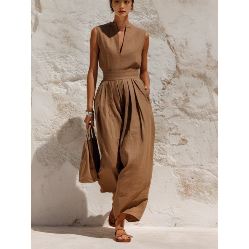 Sleeveless Pullover Solid-color High-waisted Loose-fitting Jumpsuit