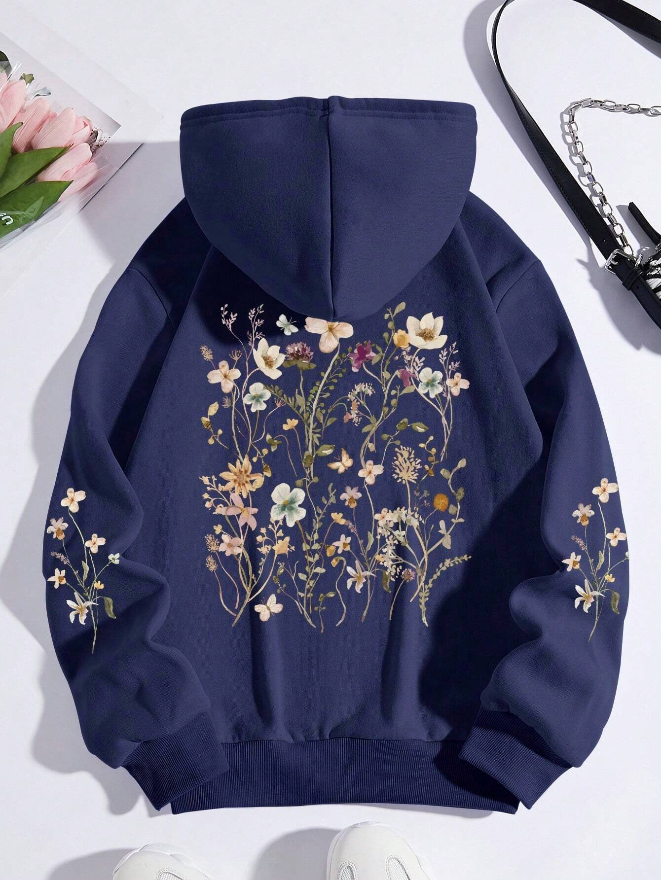 Floral Print Pocket Pullover Sweatshirt