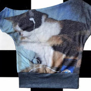 Sassy Calico Cat Print Off-Shoulder Shirt – Stretchy, Trendy Short Sleeve