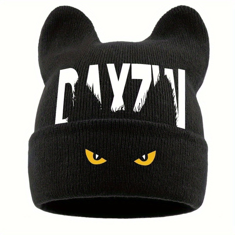 Unisex Warm Windproof Brimless Hat with Monster Eye Print and Bunny Ears, Cold-Weather Outdoor