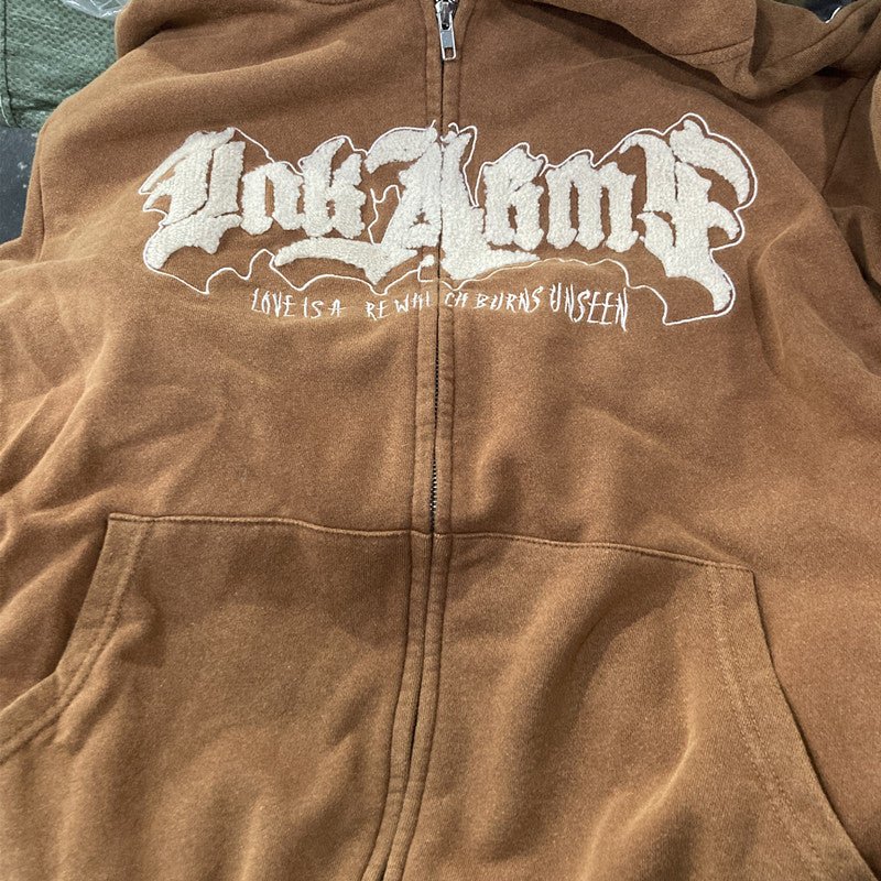 Handdrawn Letter Loose Long Sleeve Zip Cardigan Hoodie