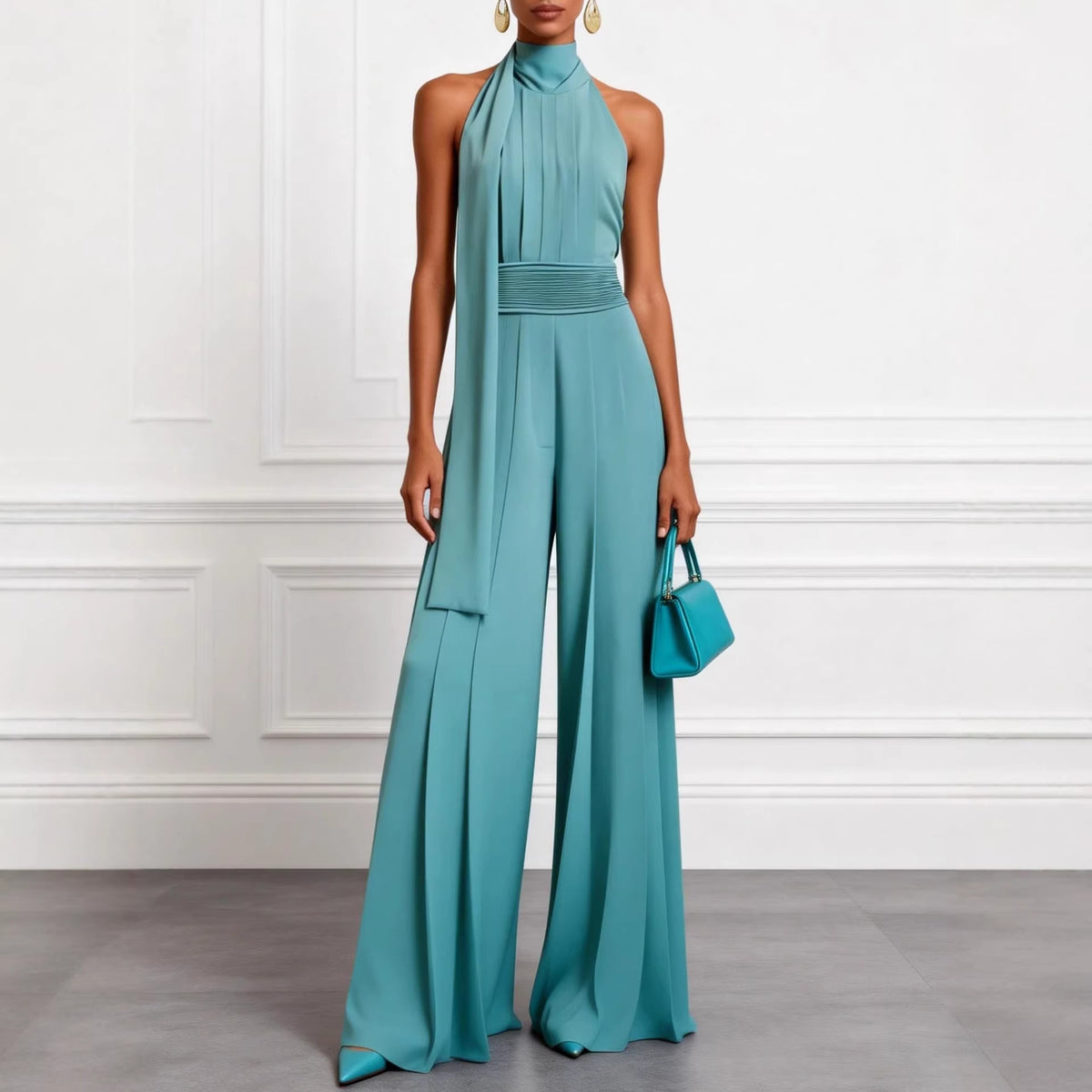 Elegant Solid Halter Sleeveless Jumpsuit
