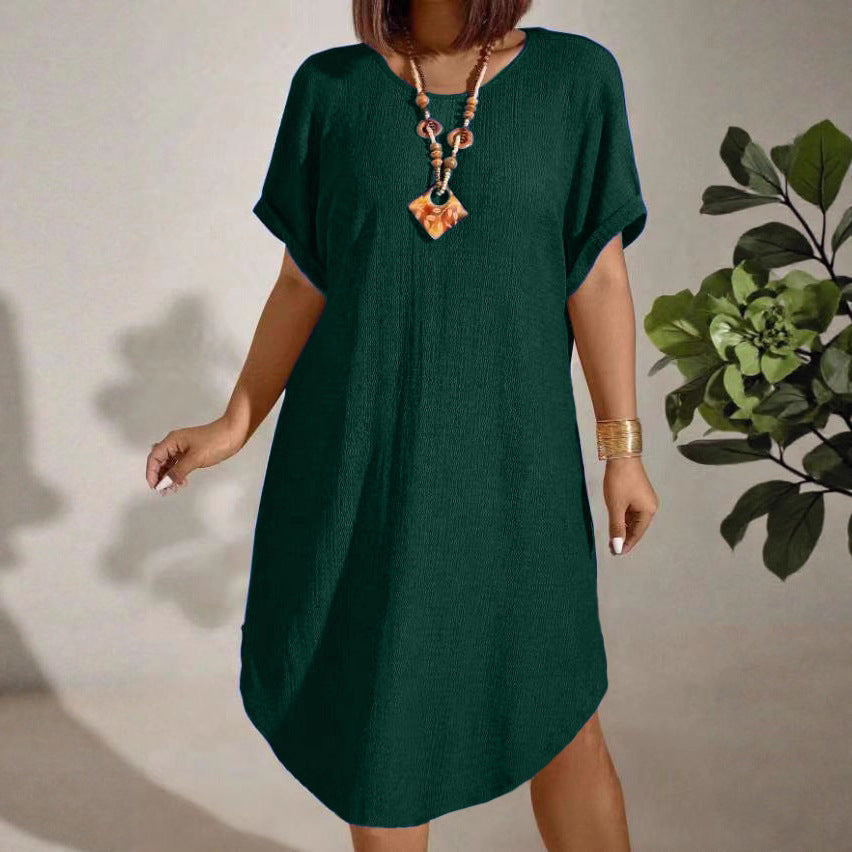 Womens Solid-color Loose-fitting Casual Round-neck Dress