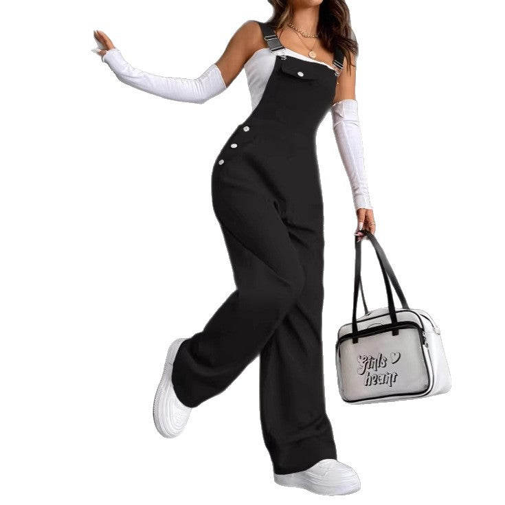 Retro Pocket Solid-Color Straight-Leg Workwear Suspender Jumpsuit