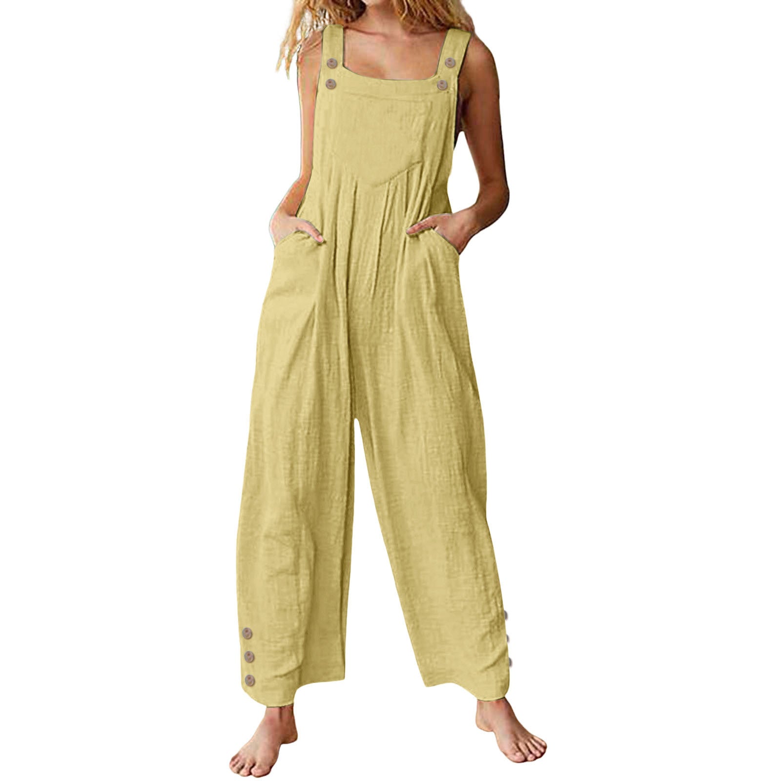 Womens Casual Loose-fitting Sleeveless Buttoned Jumpsuit