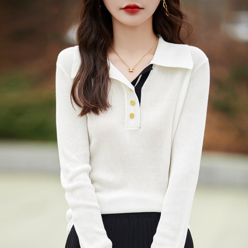 Spring Color Stitching Turnover Neck Design Women's Tencel Sweater